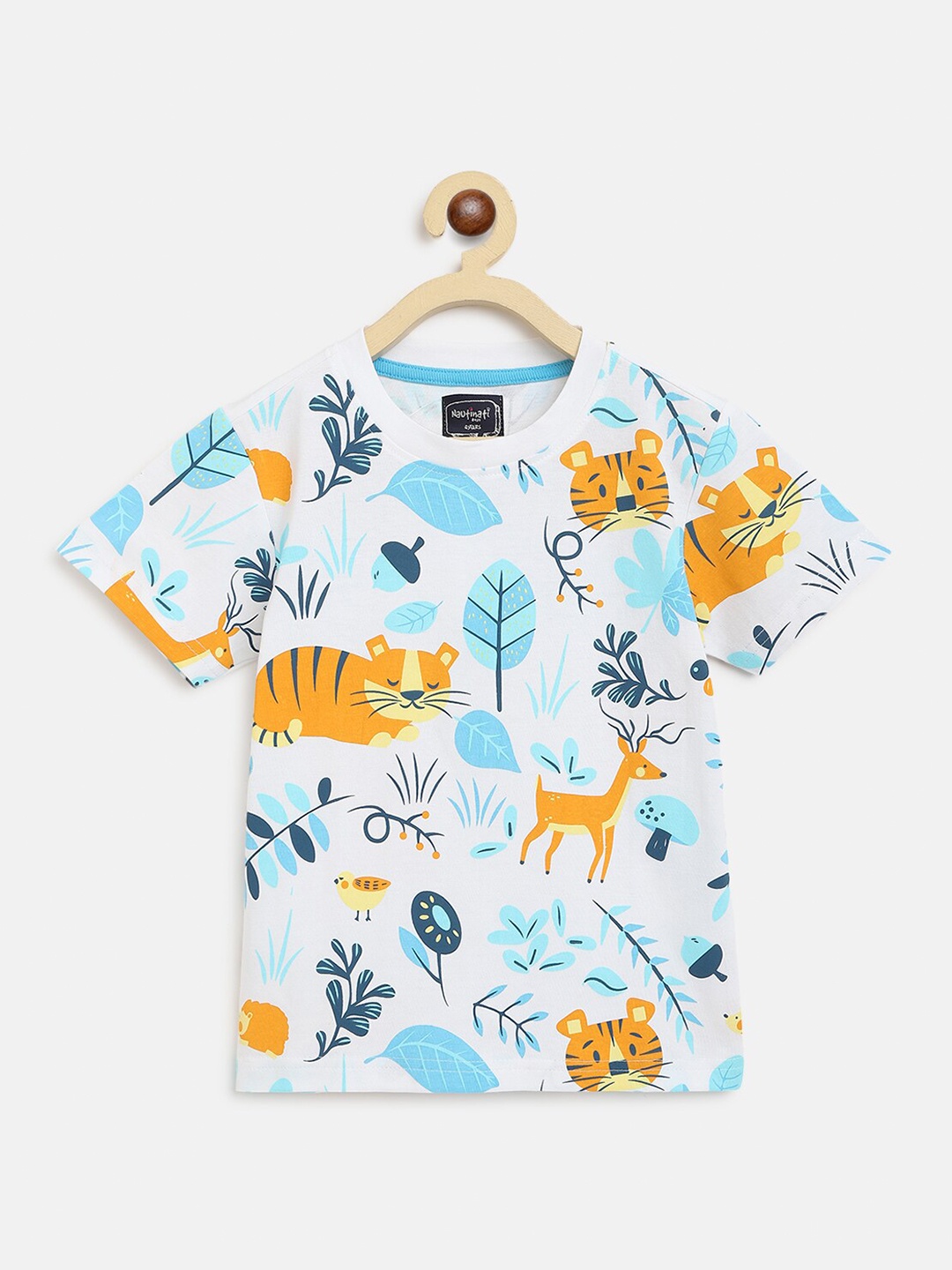 

Nauti Nati Boys White & Blue Printed Pure Cotton T-shirt