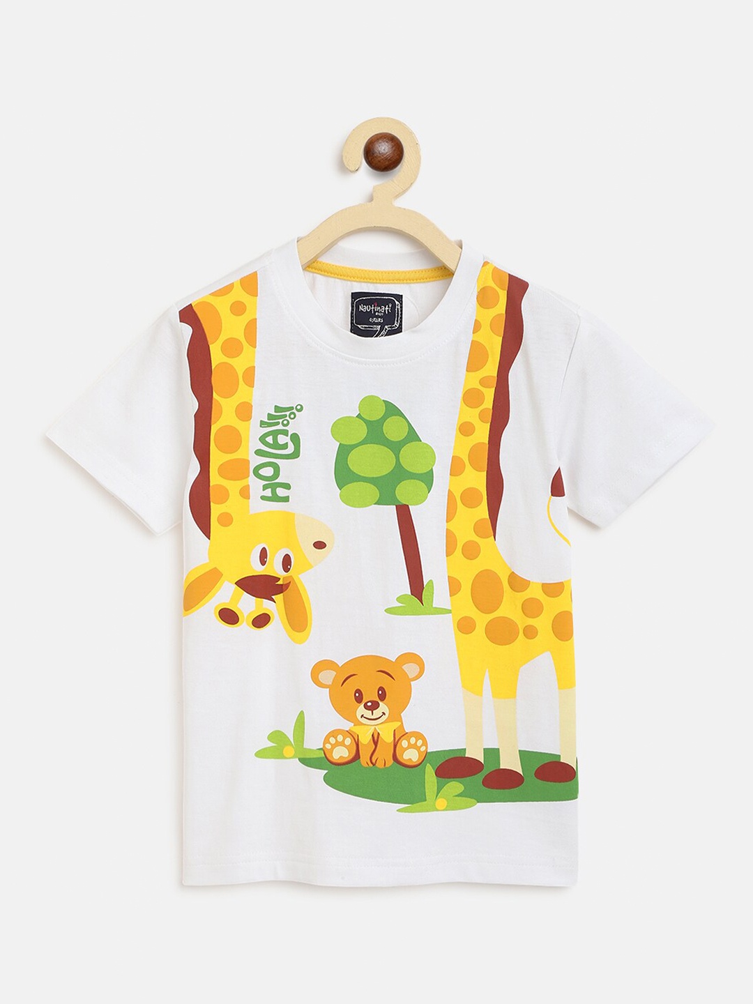 

Nauti Nati Boys White & Yellow Printed Pure Cotton T-shirt