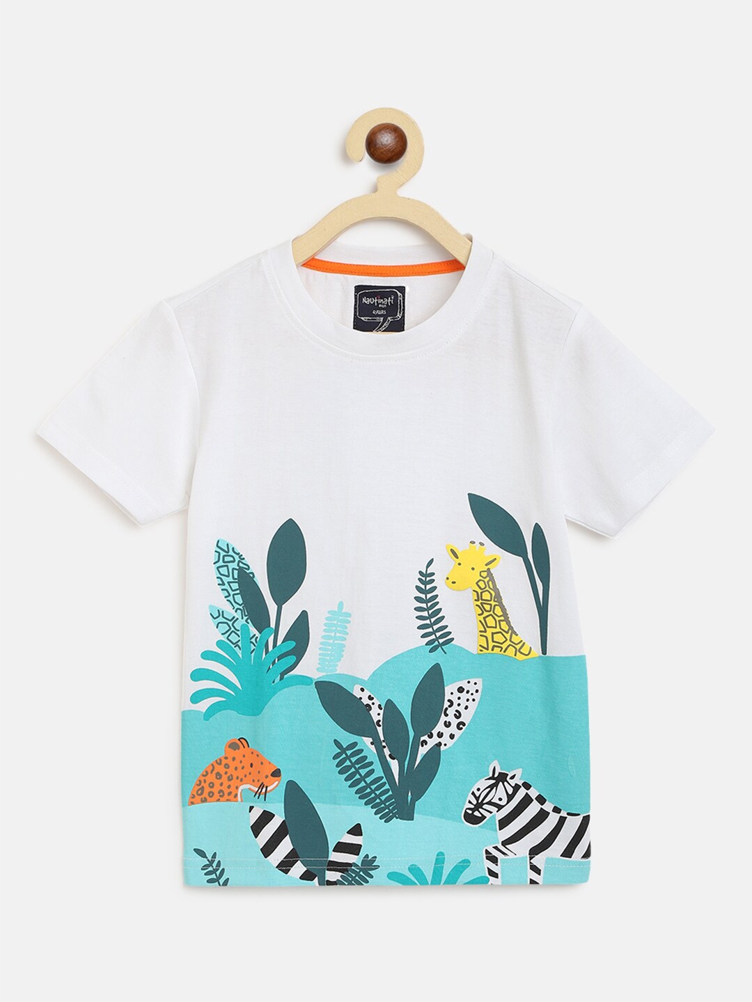 

Nauti Nati Boys White & Blue Floral Printed Pure Cotton T-shirt