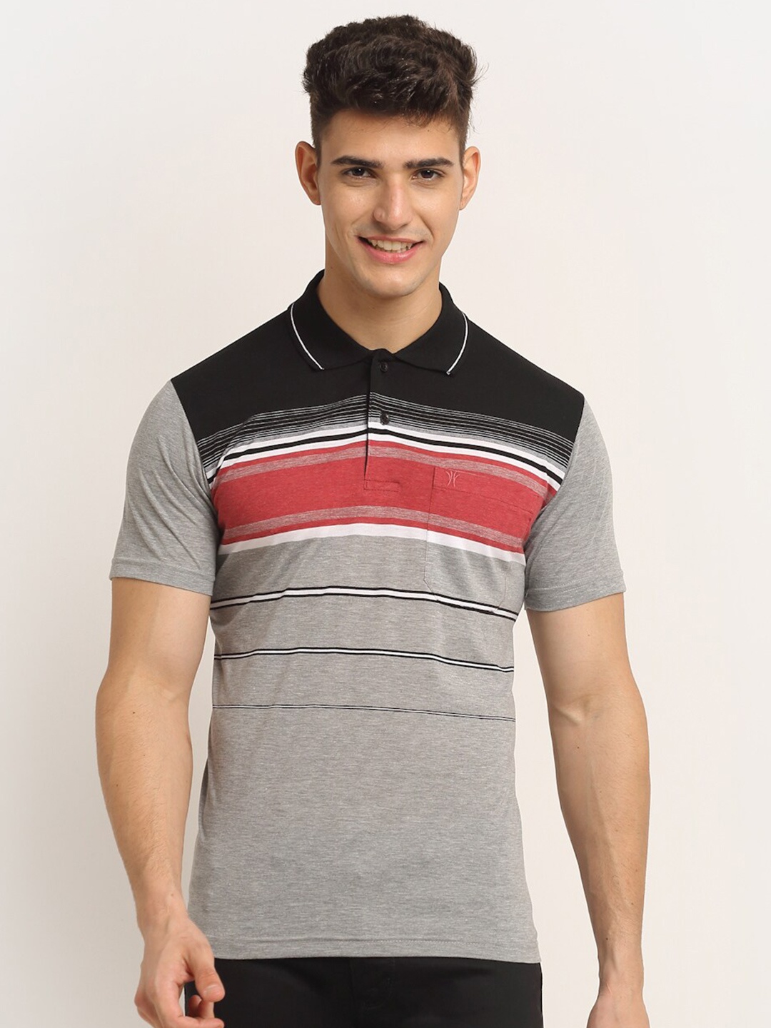 

VENITIAN Men Grey & Red Striped Cotton Polo Collar T-shirt