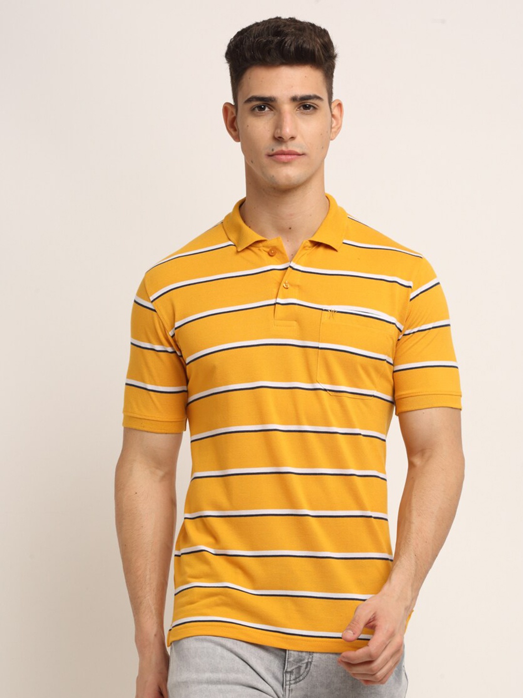 

VENITIAN Men Mustard Yellow Striped Polo Collar T-shirt