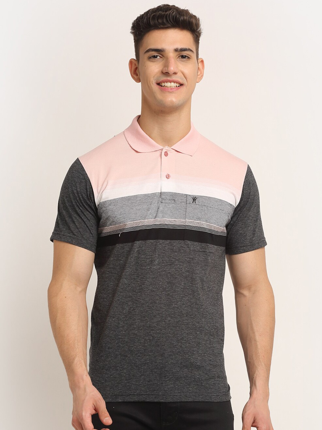 

VENITIAN Men Grey Colourblocked Polo Collar Cotton T-shirt