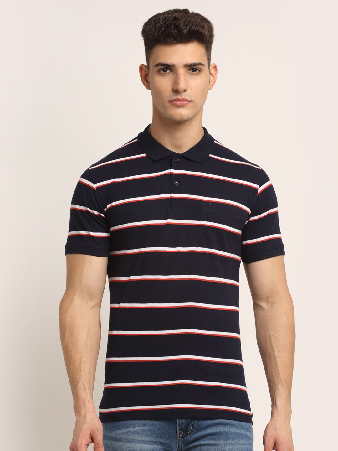 

VENITIAN Men Navy Blue & White Striped Polo Collar Cotton T-shirt