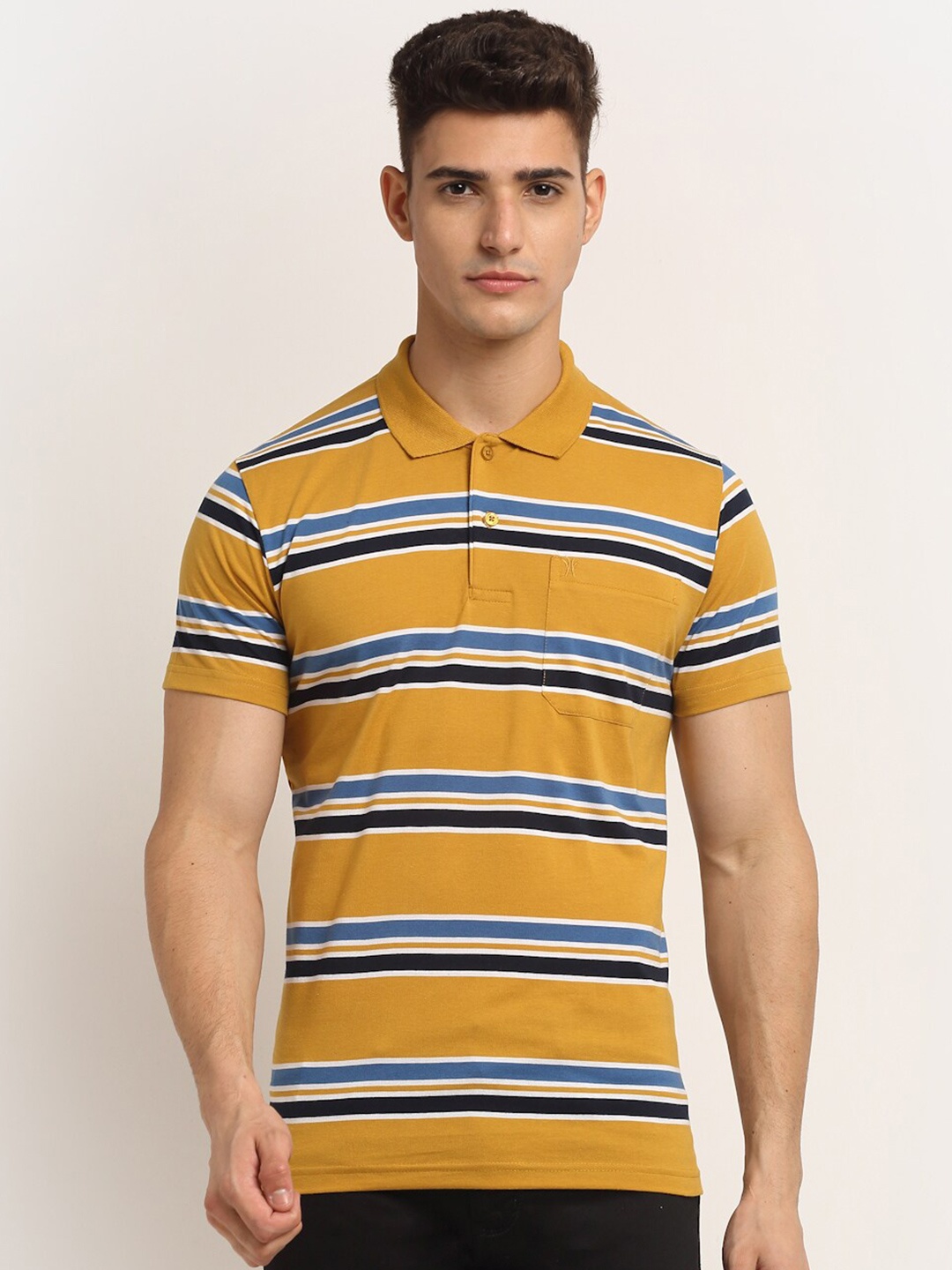 

VENITIAN Men Mustard Yellow Striped Cotton T-shirt