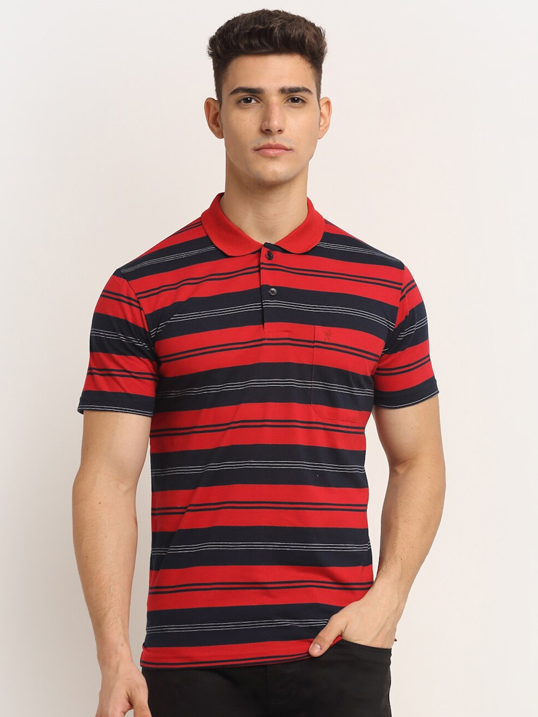 

VENITIAN Men Red Striped Polo Collar Regular Fit Cotton T-shirt