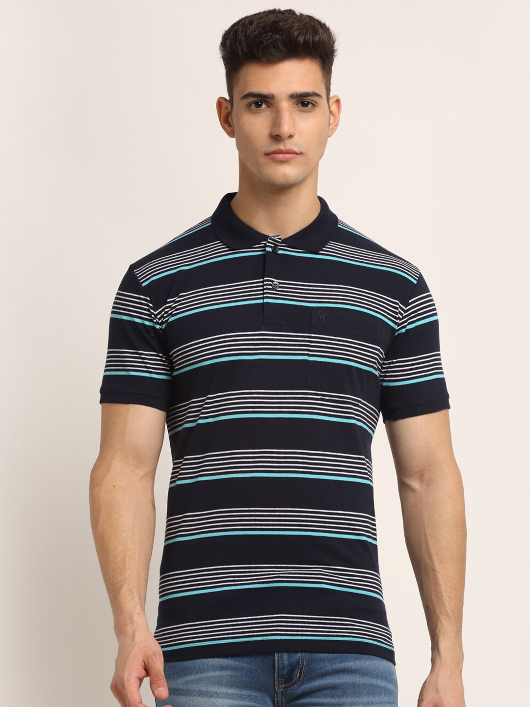 

VENITIAN Men Navy Blue & White Striped Cotton Polo Collar T-shirt