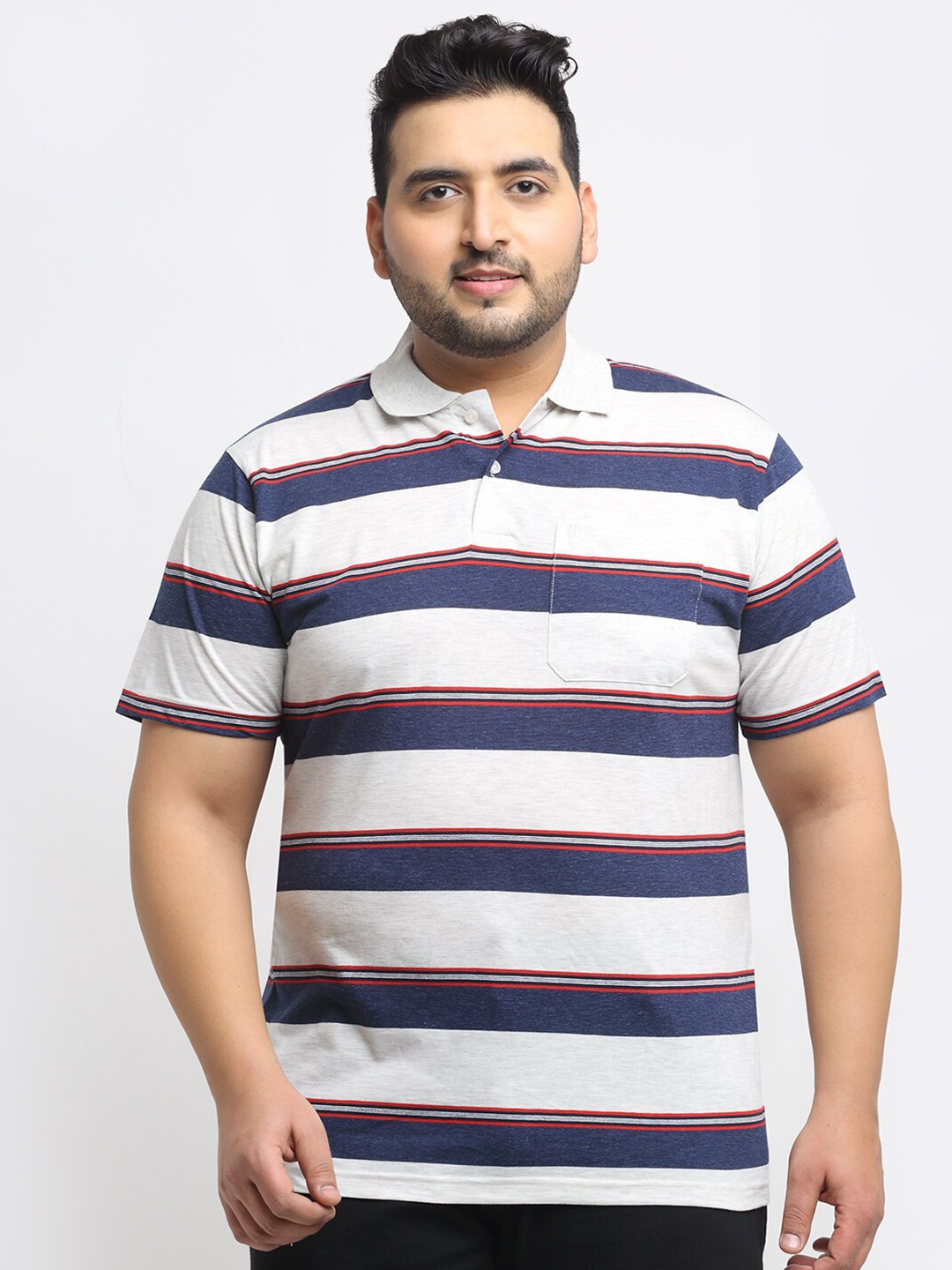

VENITIAN Men Plus Size Off White Striped Cotton T-shirt
