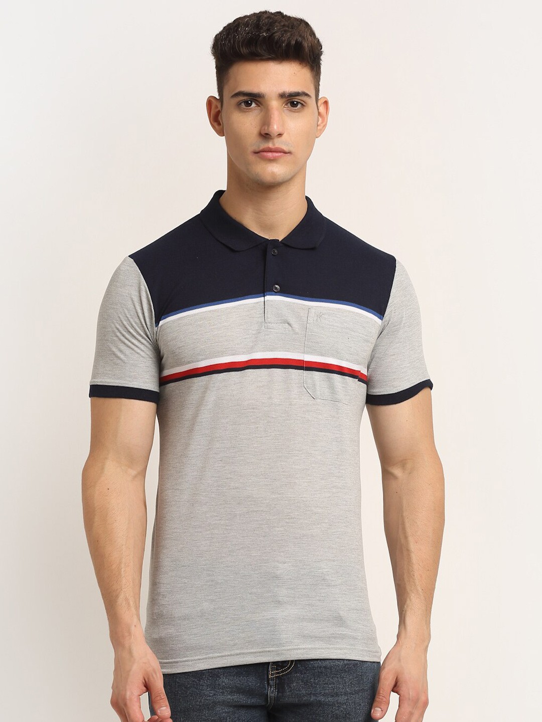 

VENITIAN Men Grey & Navy Blue Colourblocked Polo Collar T-shirt