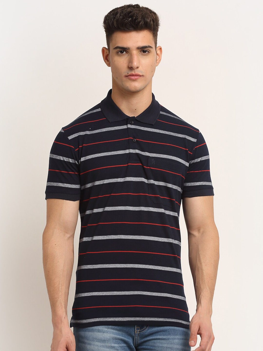 

VENITIAN Men Navy Blue Striped Regular Fit Polo Collar Cotton T-shirt