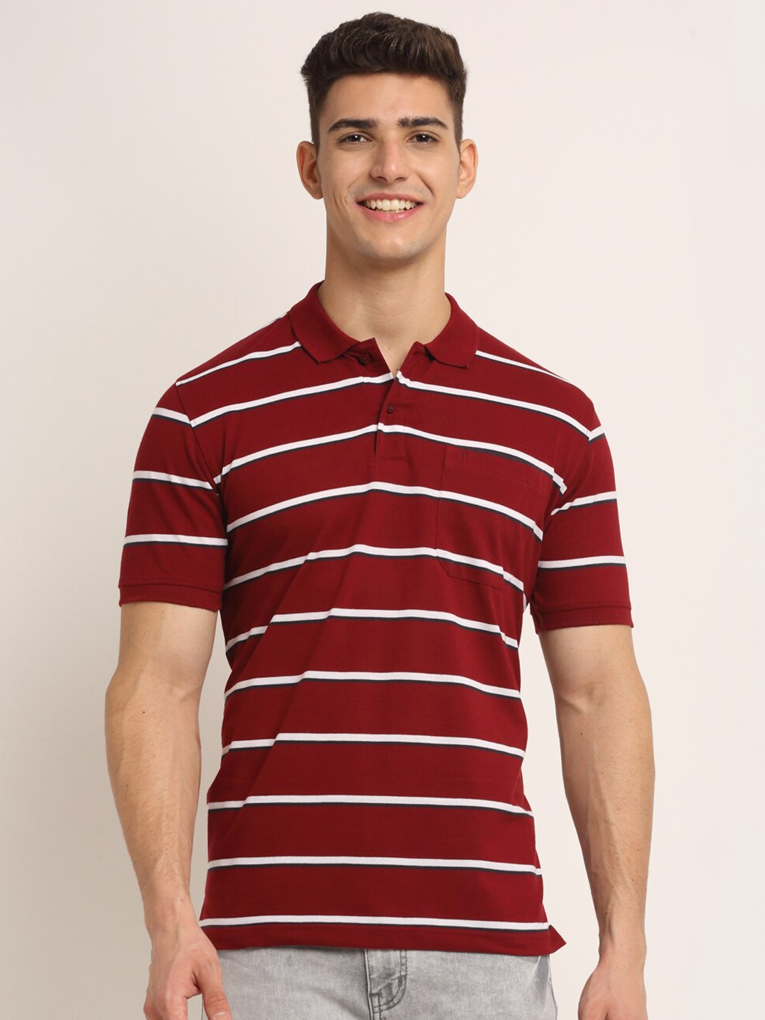 

VENITIAN Men Maroon Striped Polo Collar Regular Fit Cotton T-shirt