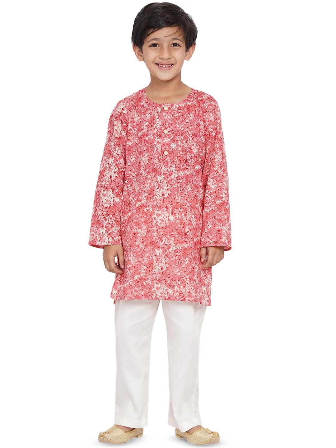 

Little Bansi Boys Red Marble Printed Round Neck Straight Kurta with Trousers