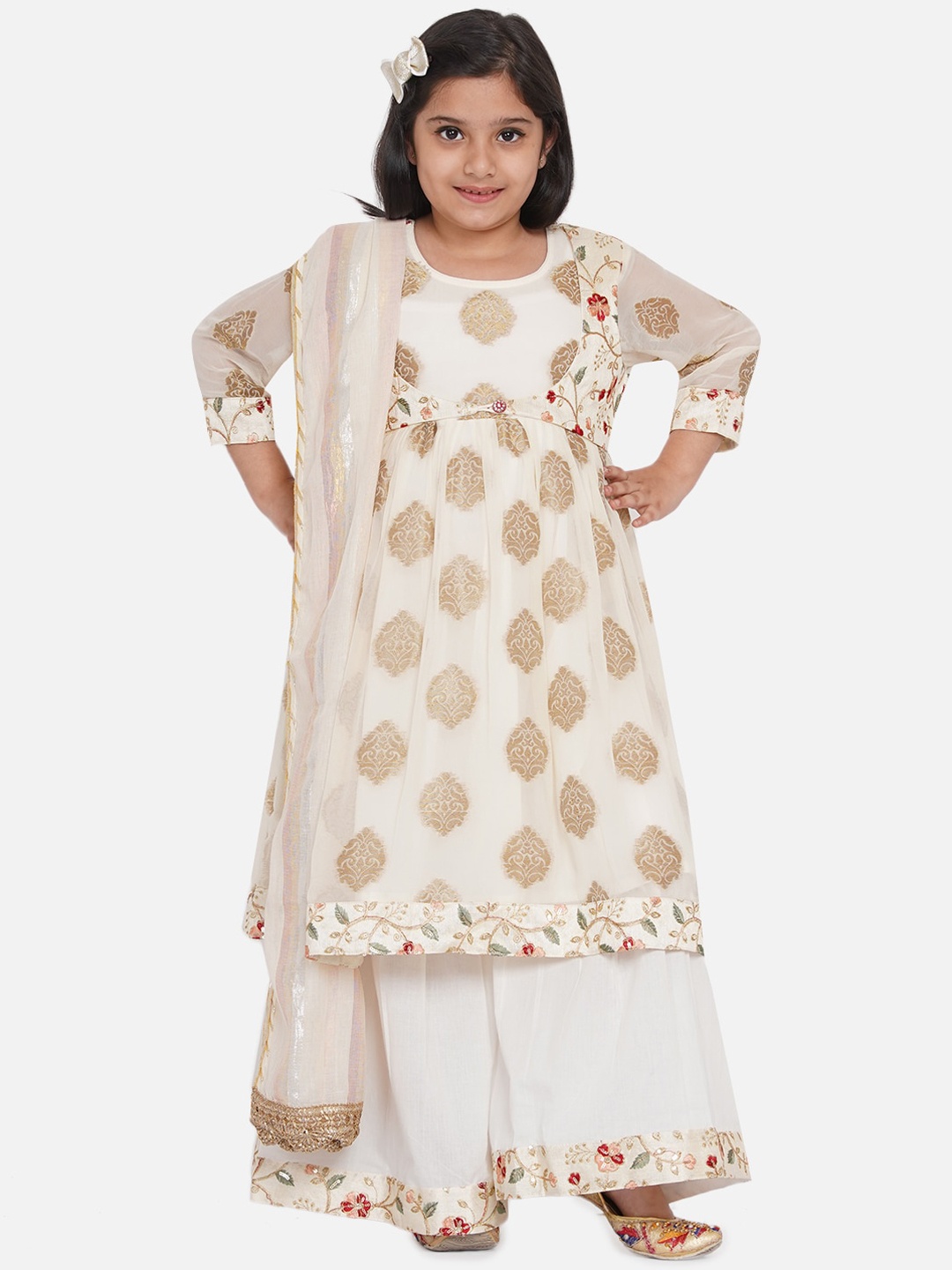 

Little Bansi Girls Cream-Coloured & Gold Woven Design Motifs Empire Kurta Palazzos Dupatta