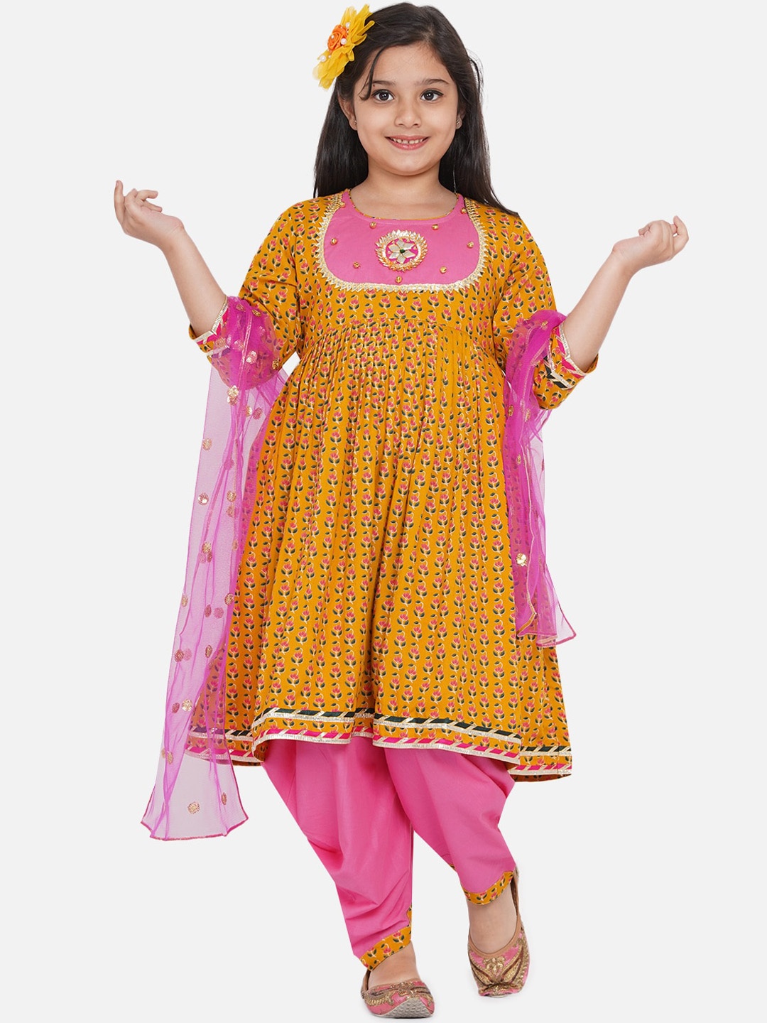

Little Bansi Girls Mustard Yellow & Pink Floral Print Kurta with Dhoti Pants & Dupatta