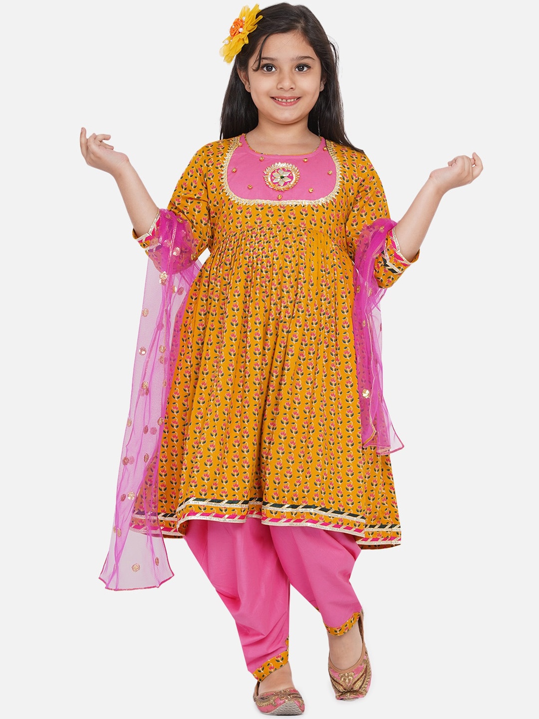 

Little Bansi Girls Yellow Floral Printed Pleated Kurta with Dhoti Pants & Dupatta