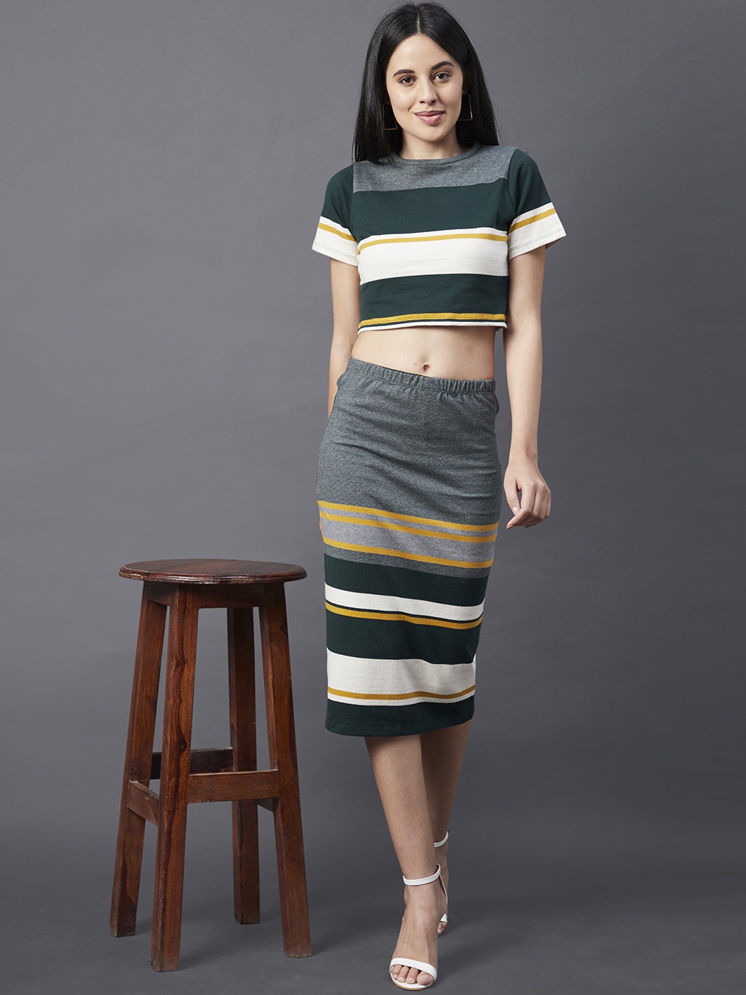 

Rigo Women Teal Green & White Multi Stripe Cotton Crop Top & Skirt Co-Ord Set