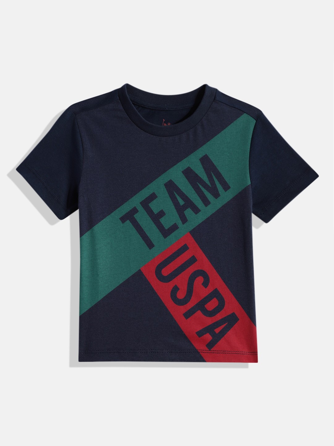 

U.S. Polo Assn. Kids Boys Navy Blue & Green Printed Pure Cotton T-shirt