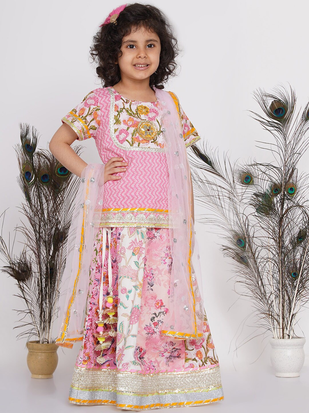 

Little Bansi Girls Pink & Green Printed Ready to Wear Lehenga & Blouse With Dupatta