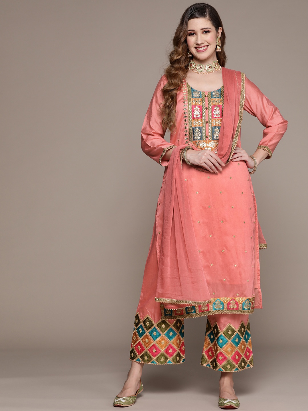 

Ishin Women Pink & Green Ethnic Motifs Embroidered Kurta with Palazzos & Dupatta