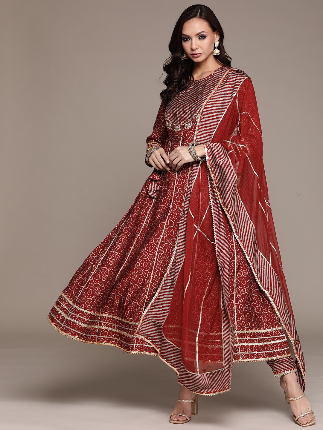 

Ishin Women Maroon Bandhani Leheriya Embroidered Kurta with Trousers & Dupatta