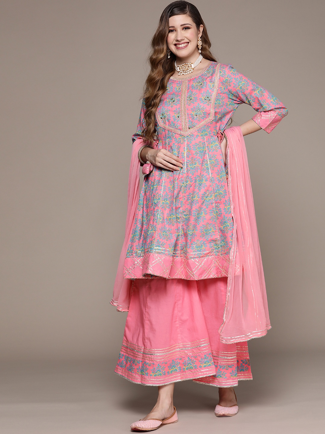 

Ishin Women Pink & Blue Floral Embroidered Kurta with Sharara & Dupatta