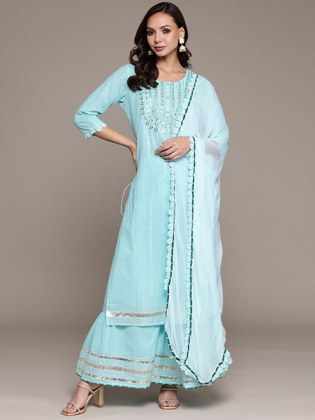 

Ishin Women Blue Embroidered Mirror Work Pure Cotton Kurta with Sharara & Dupatta
