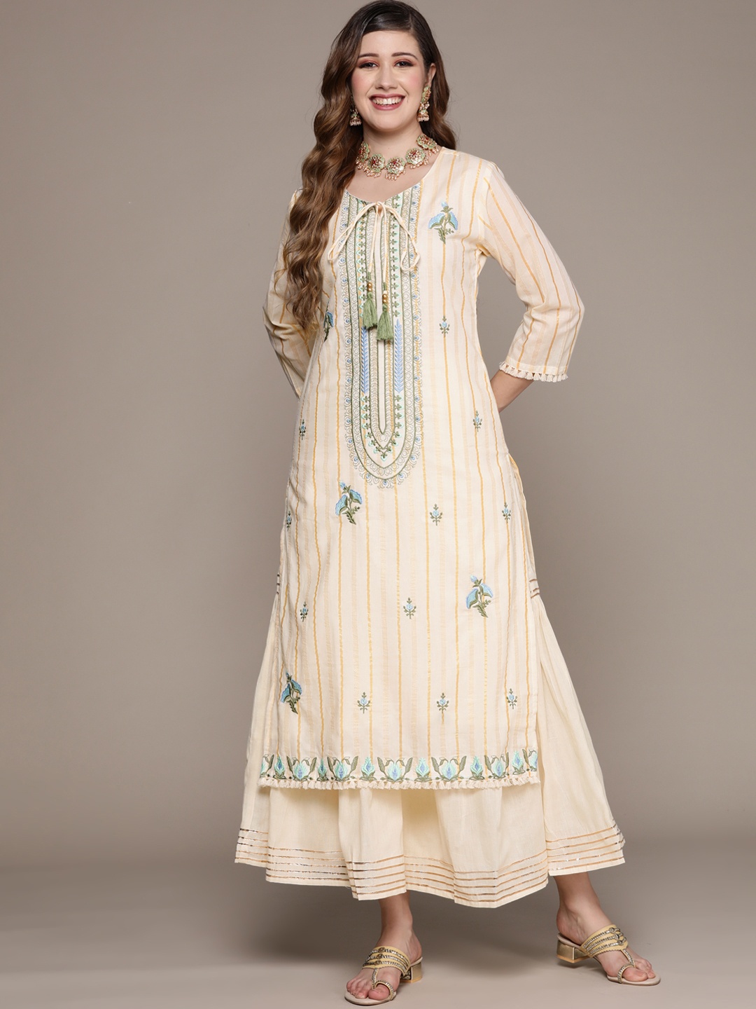 

Ishin Women Off White Floral Embroidered Thread Work Kurta with Sharara