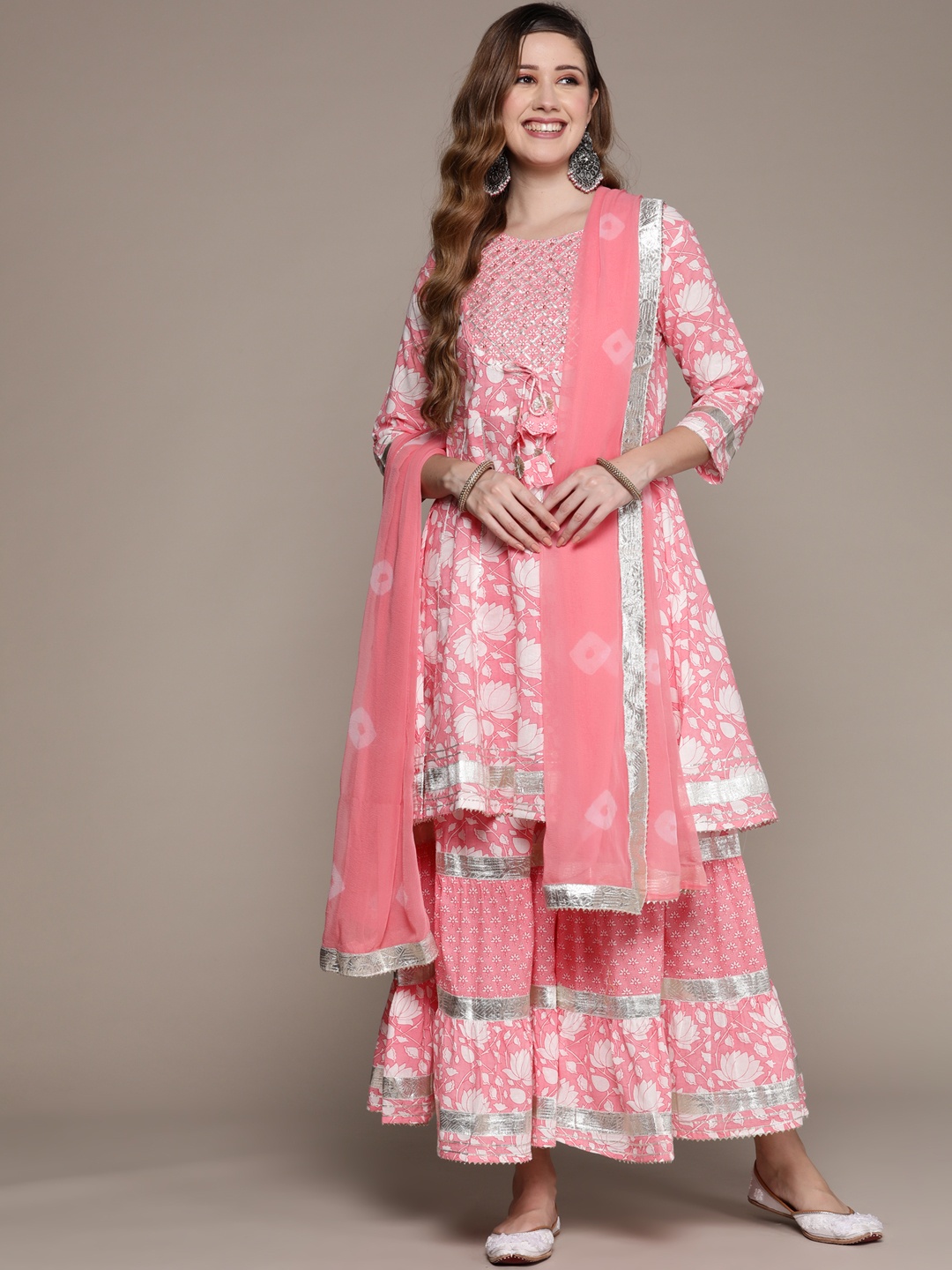 

Ishin Women Pink Floral Embroidered Gotta Patti Kurta with Sharara & Dupatta