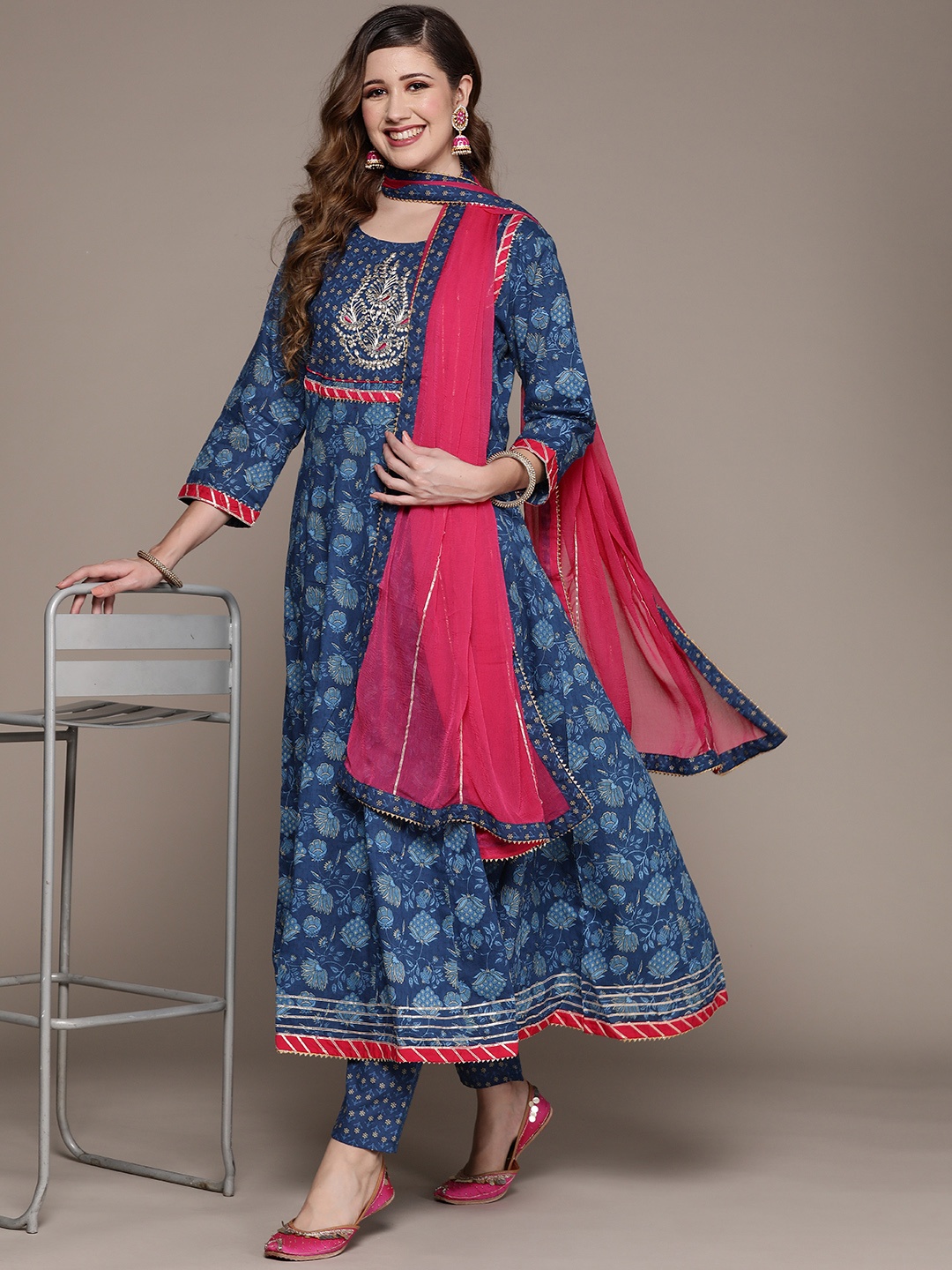 

Ishin Women Blue Ethnic Motifs Printed Gotta Patti Kurta with Trousers & Dupatta