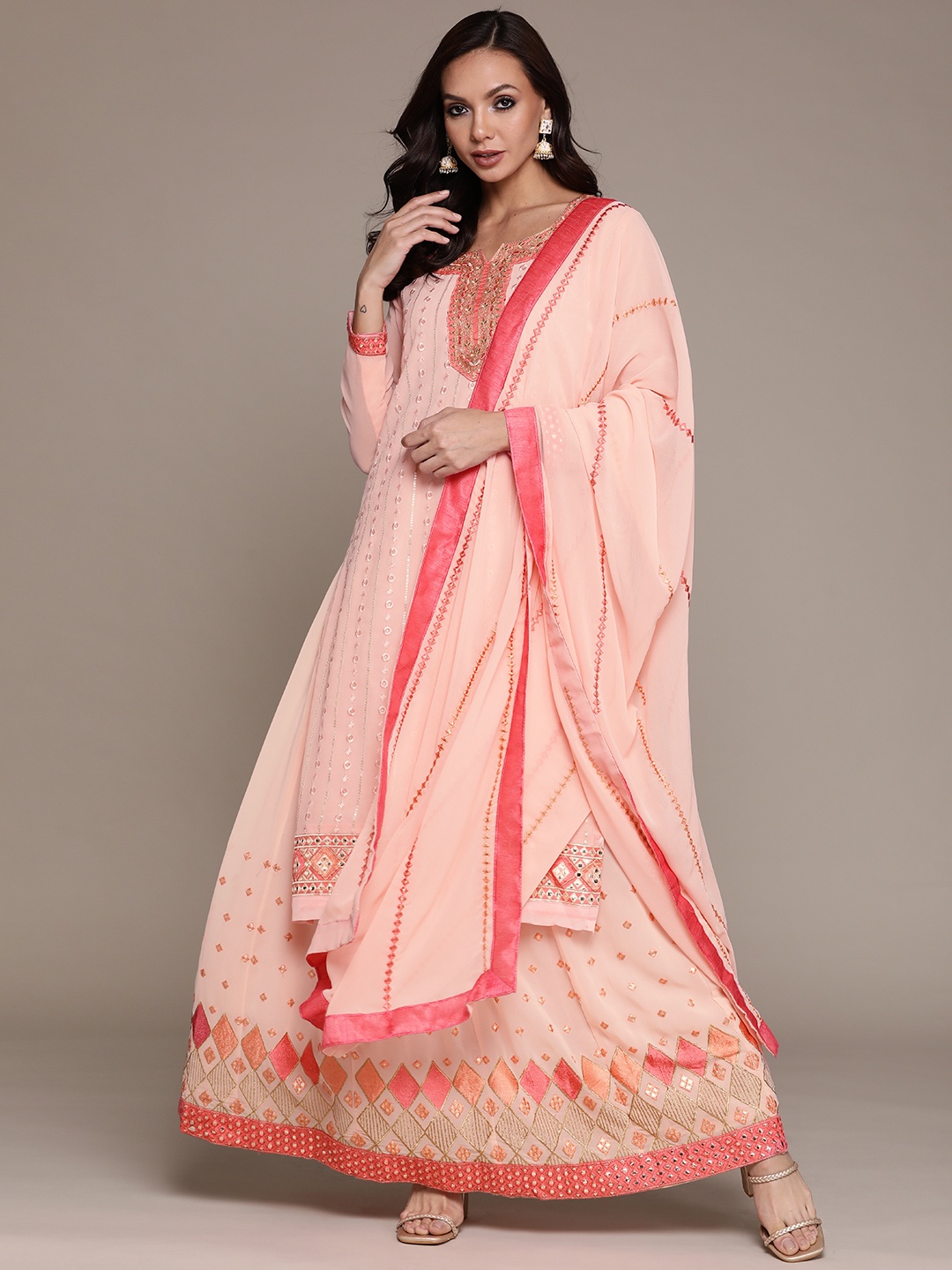 

Ishin Women Pink Ethnic Motifs Embroidered Mirror Work Kurta with Skirt & Dupatta