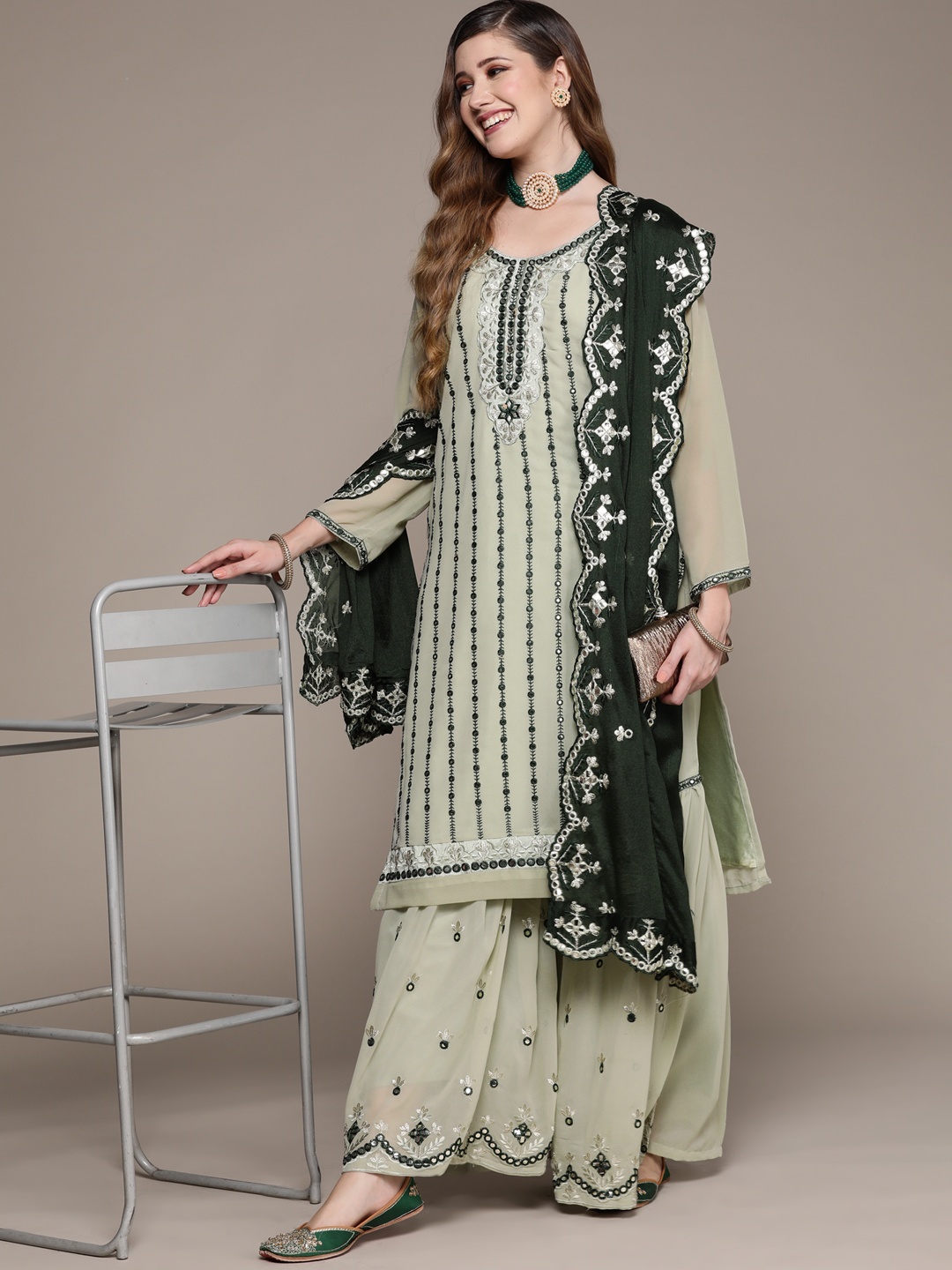 

Ishin Women Green Ethnic Motifs Embroidered Mirror Work Kurta with Sharara & Dupatta