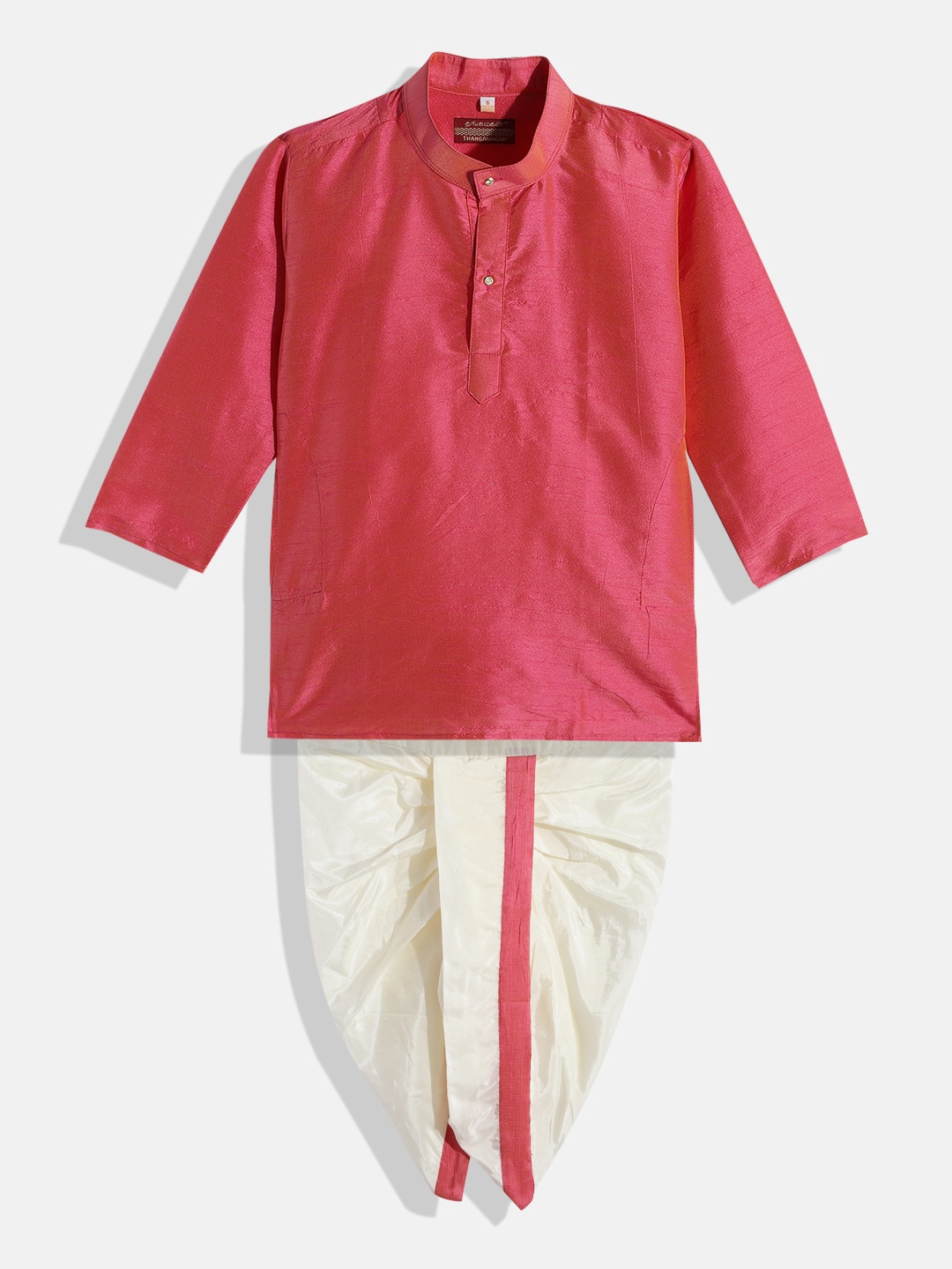 

THANGAMAGAN Boys Pink & White Shirt with Dhoti Pants