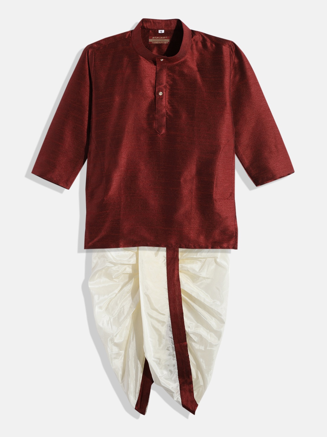 

THANGAMAGAN Boys Maroon & White Shirt with Dhoti Pants