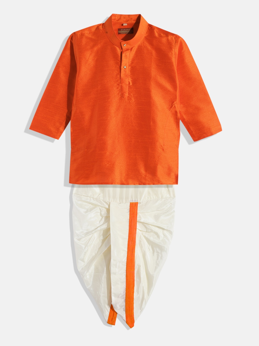 

THANGAMAGAN Boys Orange & White Shirt with Dhoti Pants