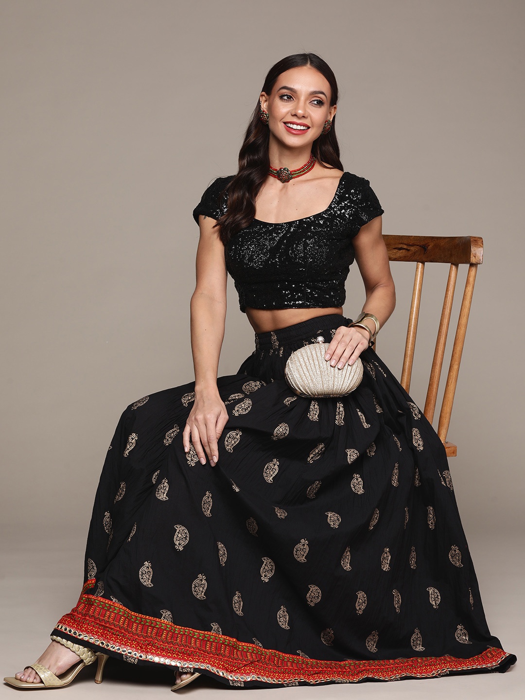 

Ishin Women Black Foil Printed With Mirror Embellish Flared Maxi Skirt