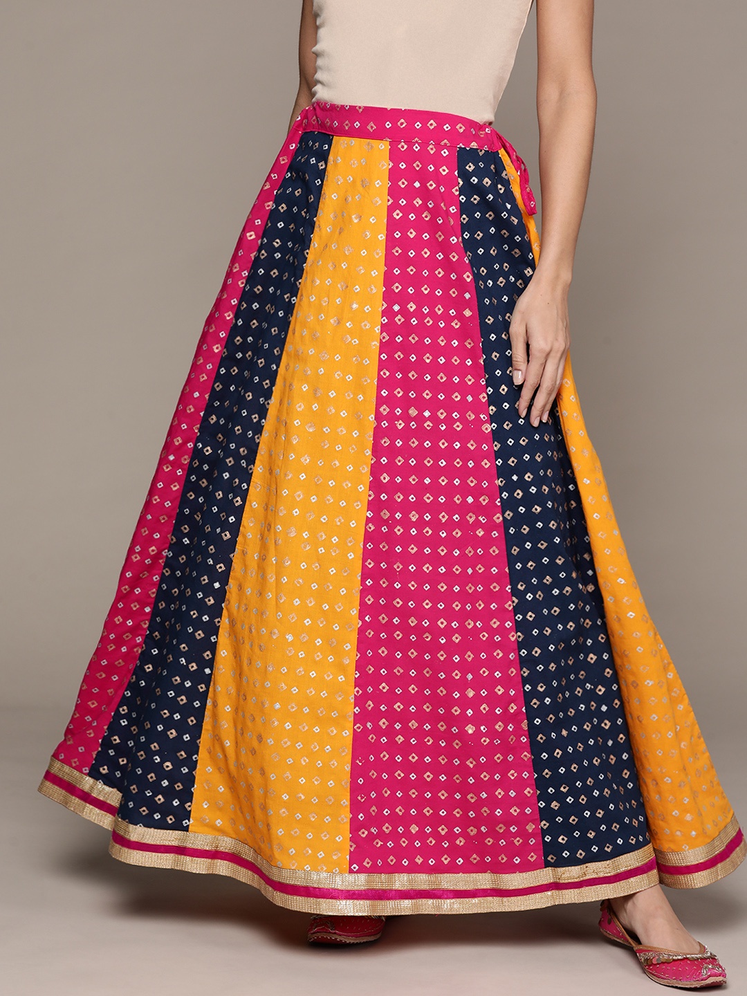 

Ishin Women Yellow & Pink Bandhani Print Paneled Gotta Patti Cotton Flared Maxi Skirt