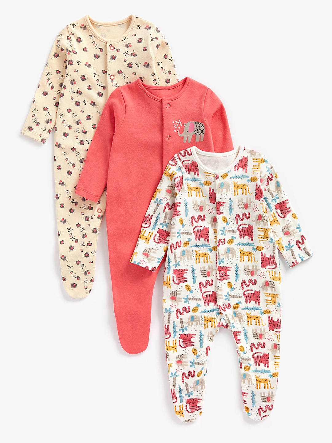 

mothercare Girls Pack Of 3 Printed & Solid Knitted Pure Cotton Sleepsuits, White