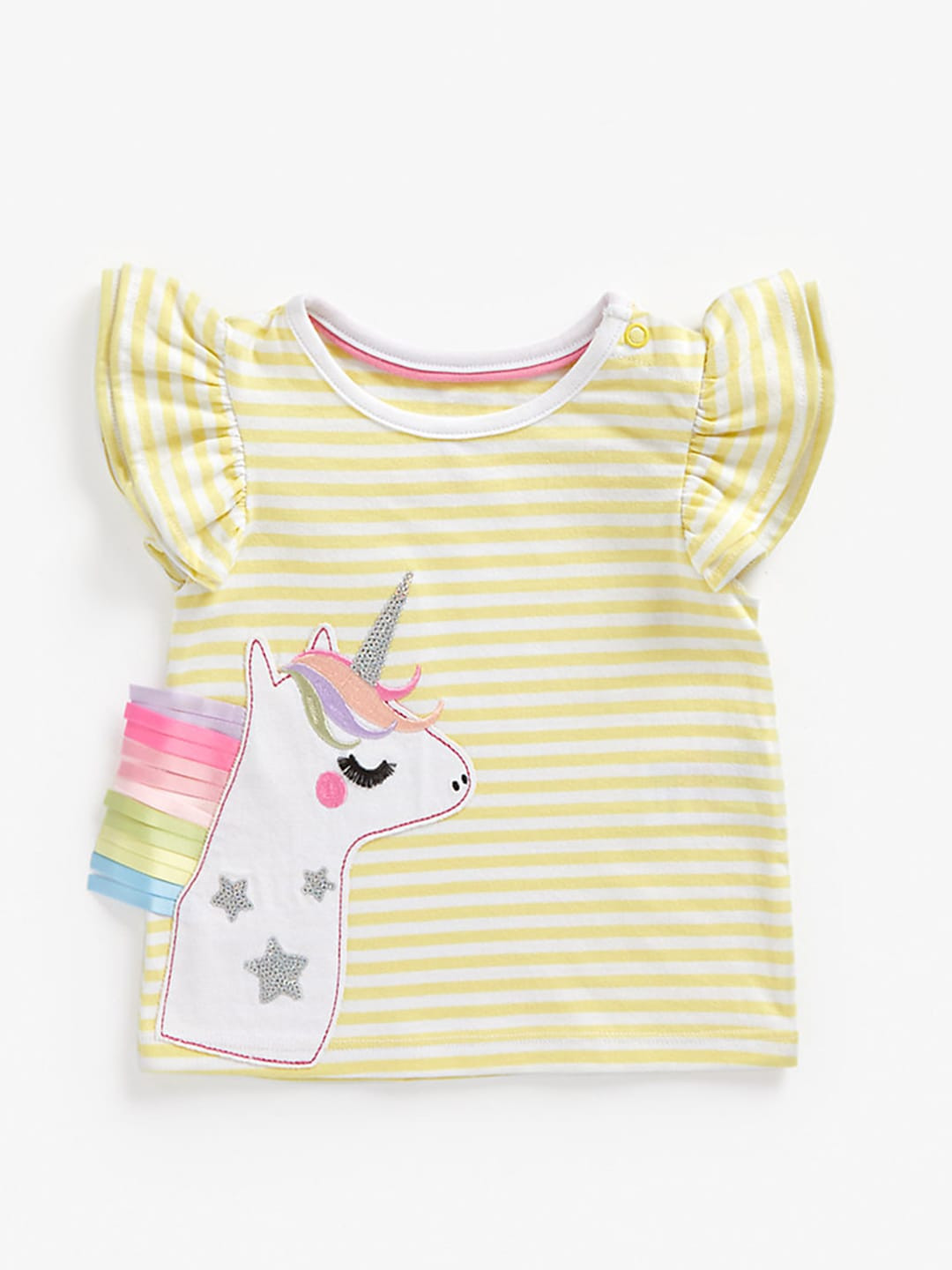 

mothercare Girls Horizontal Stripes Cap Sleeves Applique Knitted Pure Cotton Top, Yellow