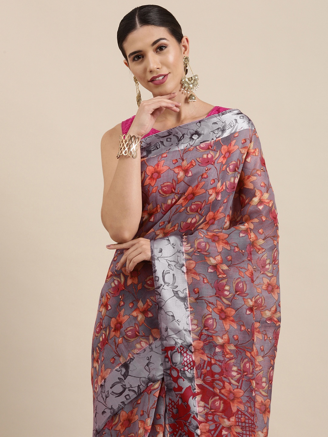 

PERFECTBLUE Purple & Pink Floral Print Cotton Linen Saree