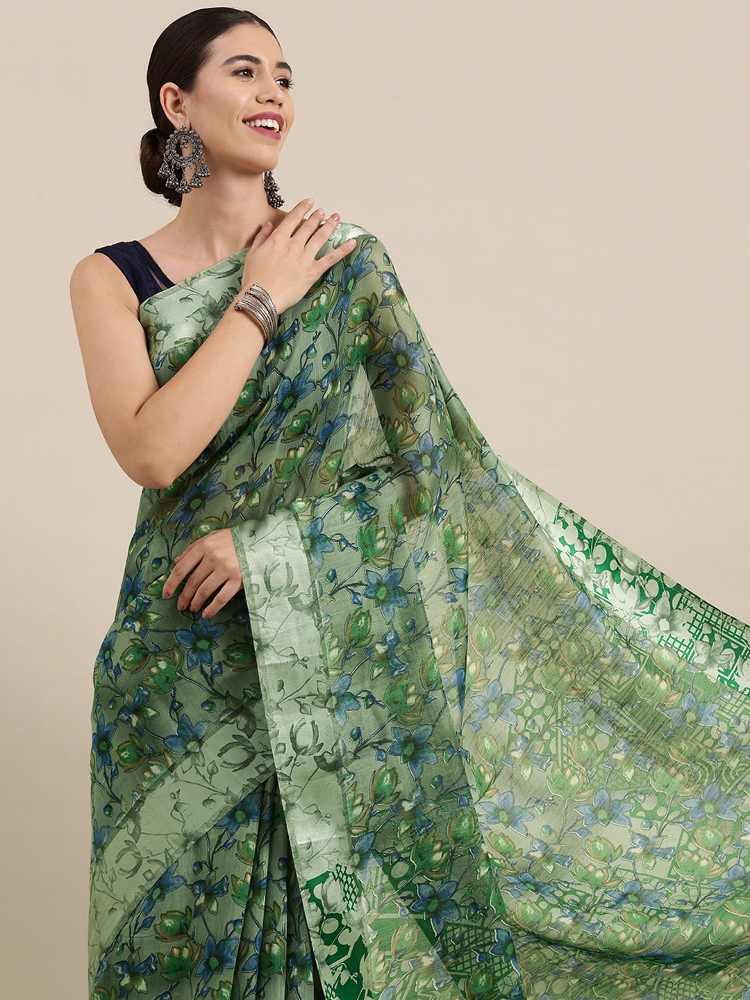 

PERFECTBLUE Green Floral Print Cotton Linen Saree
