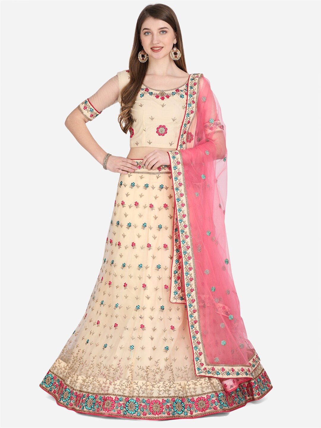 

Netram Cream-Coloured & Pink Embroidered Semi-Stitched Lehenga Set