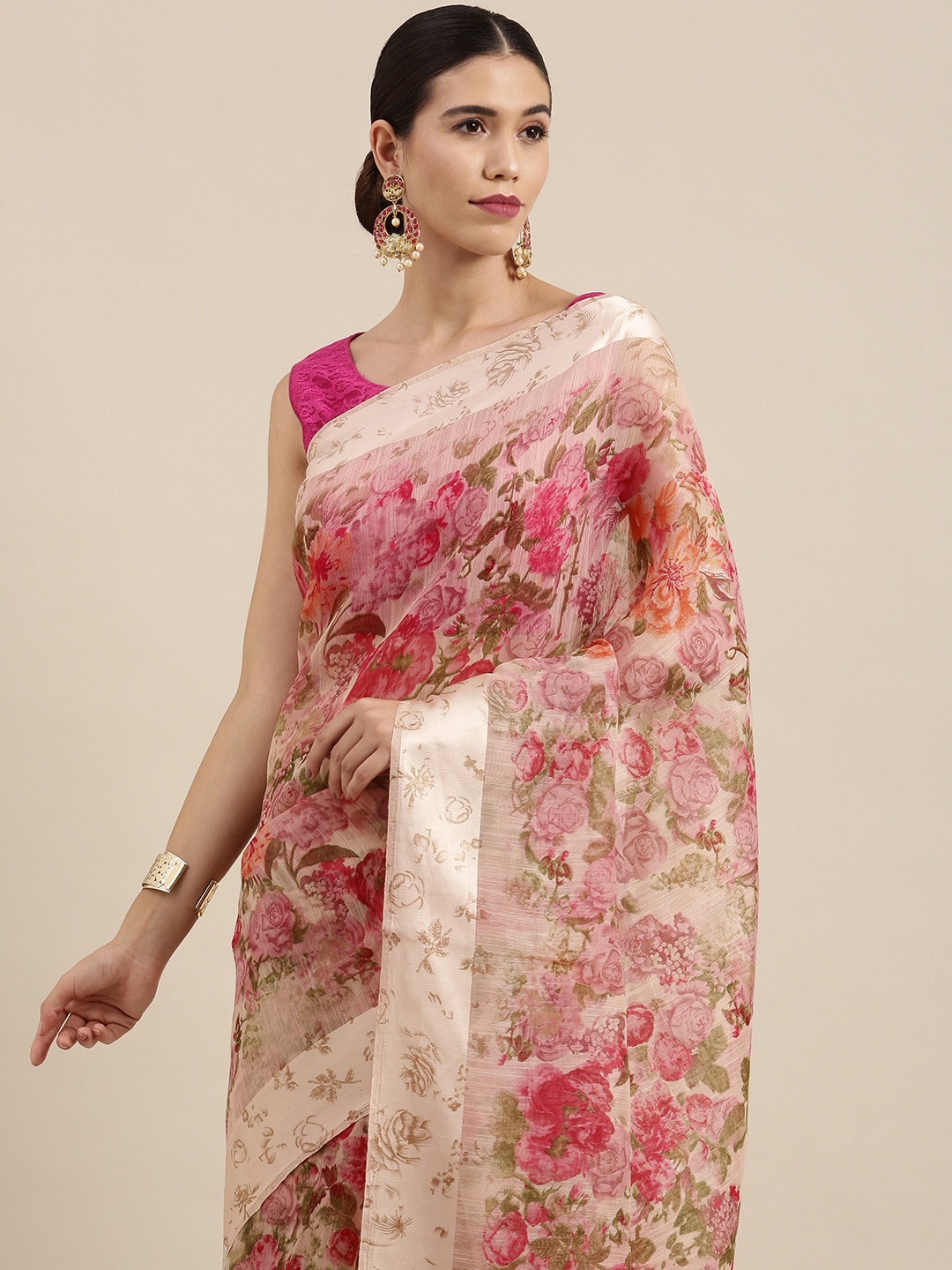 

PERFECTBLUE Red & Pink Floral Print Cotton Linen Saree