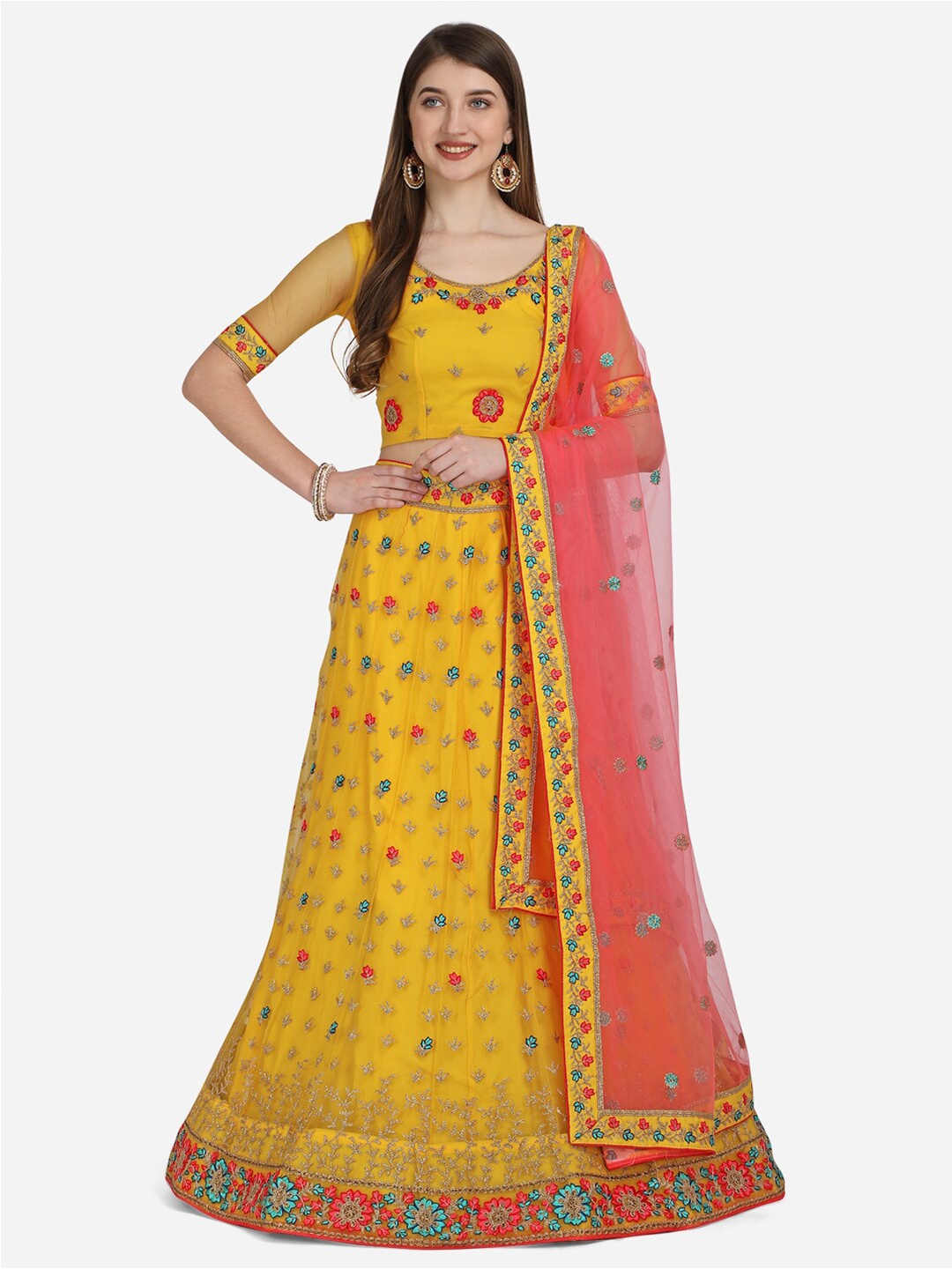 

Netram Women Yellow Semi Stiched Embroidered Net Lehenga Choli
