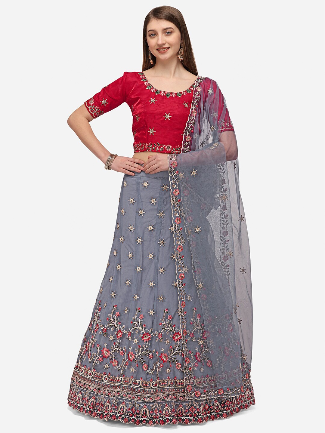 

Netram Grey & Red Embroidered Semi-Stitched Lehenga & Unstitched Blouse With Dupatta