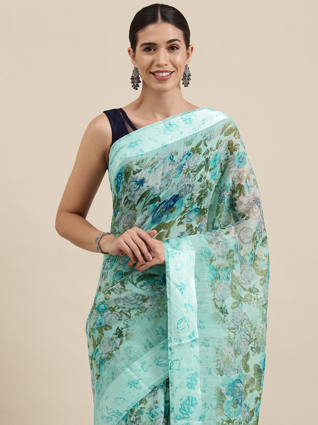 

PERFECTBLUE Turquoise Blue Floral Print Cotton Linen Saree