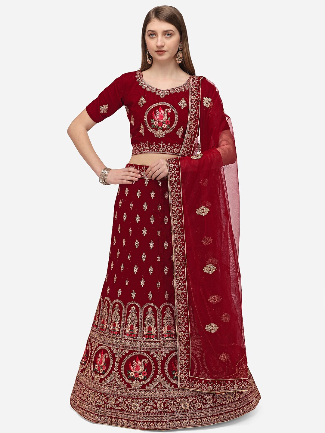 

Netram Maroon & Black Embroidered Semi-Stitched Lehenga Choli With Dupatta
