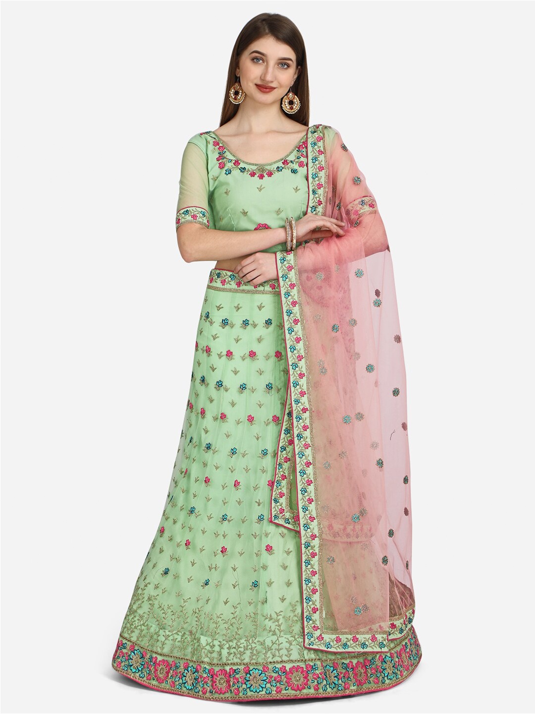 

Netram Lime Green & Pink Embroidered Semi-Stitched Lehenga Set