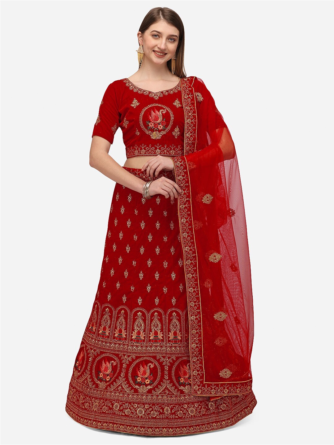 

Netram Red & Green Embroidered Semi-Stitched Lehenga & Unstitched Blouse With Dupatta