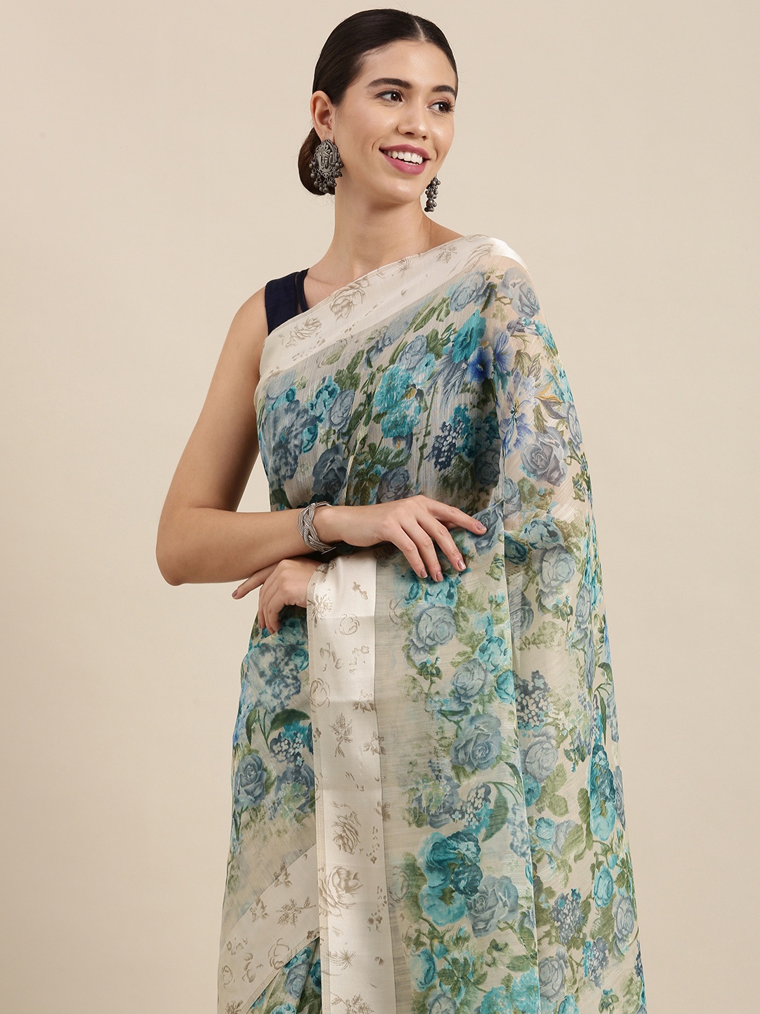 

PERFECTBLUE Blue Floral Print Cotton Linen Saree