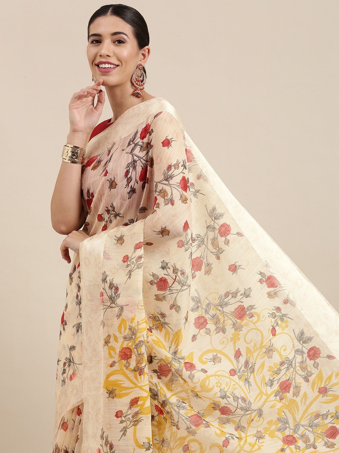

PERFECTBLUE Beige Floral Print Cotton Linen Saree