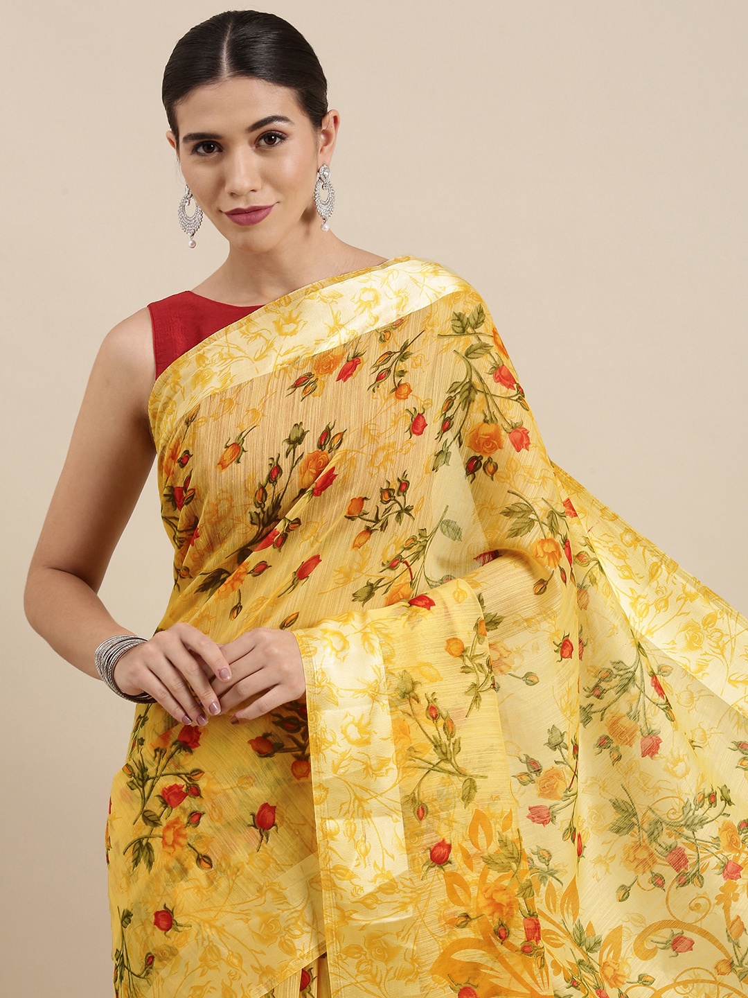 

PERFECTBLUE Yellow Floral Print Cotton Linen Saree